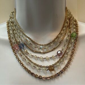 Vintage Multi Strand Necklace Gold Tone 7 Strand Glass Beads Rare Jackie O 1960s